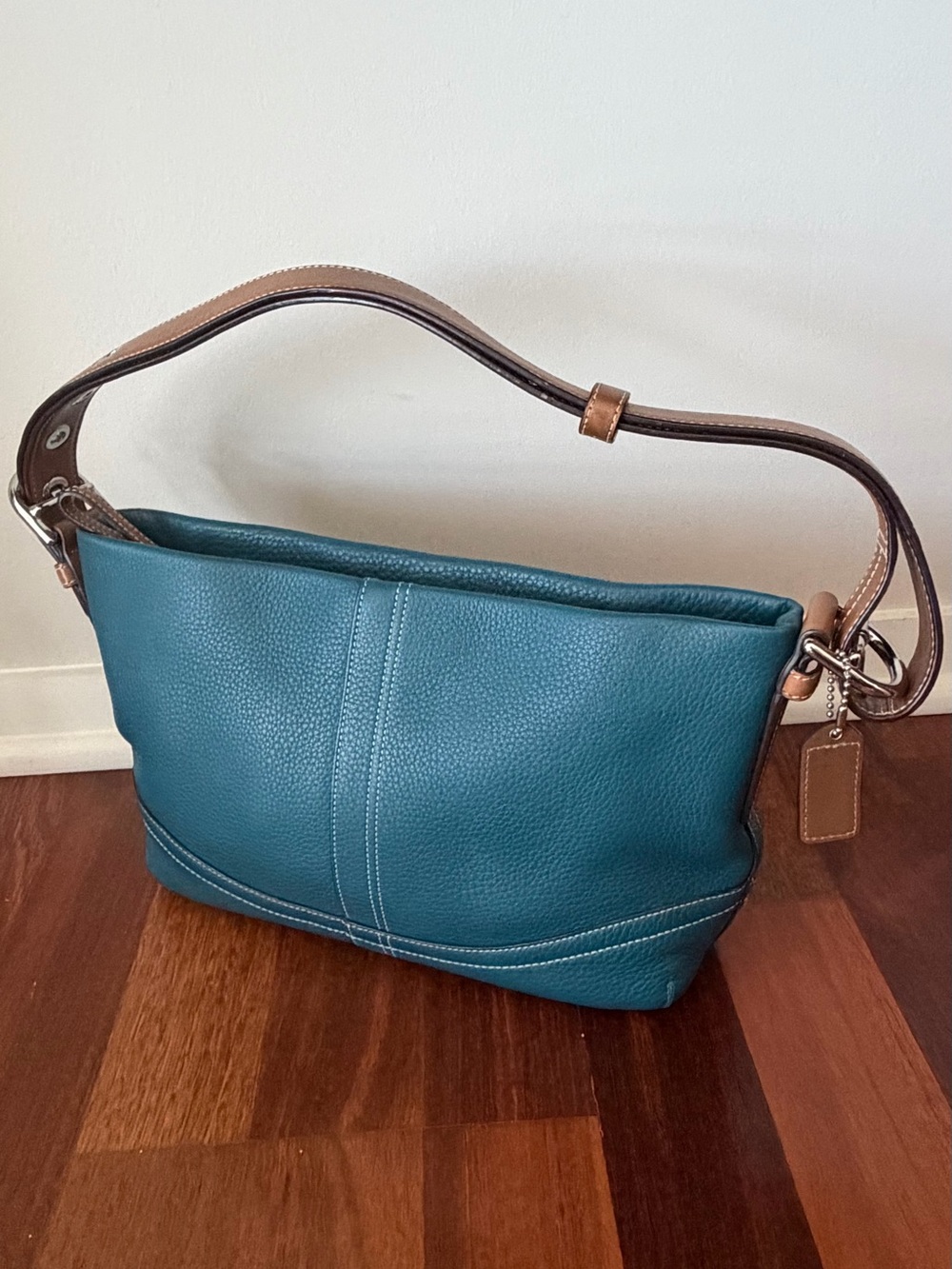 Coach Teal Pebbled Leather Shoulder Bag with Tan Strap